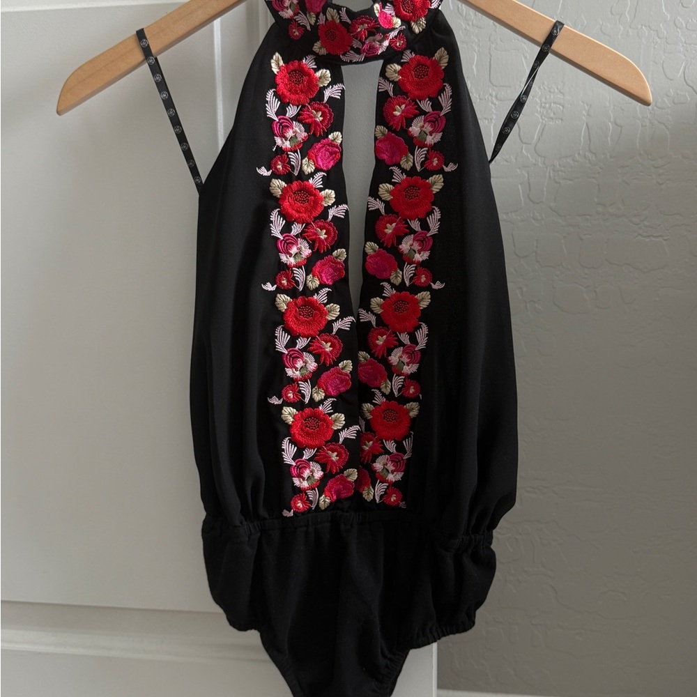 Marciano Black Halter Bodysuit with Red & Pink Floral Embroidery